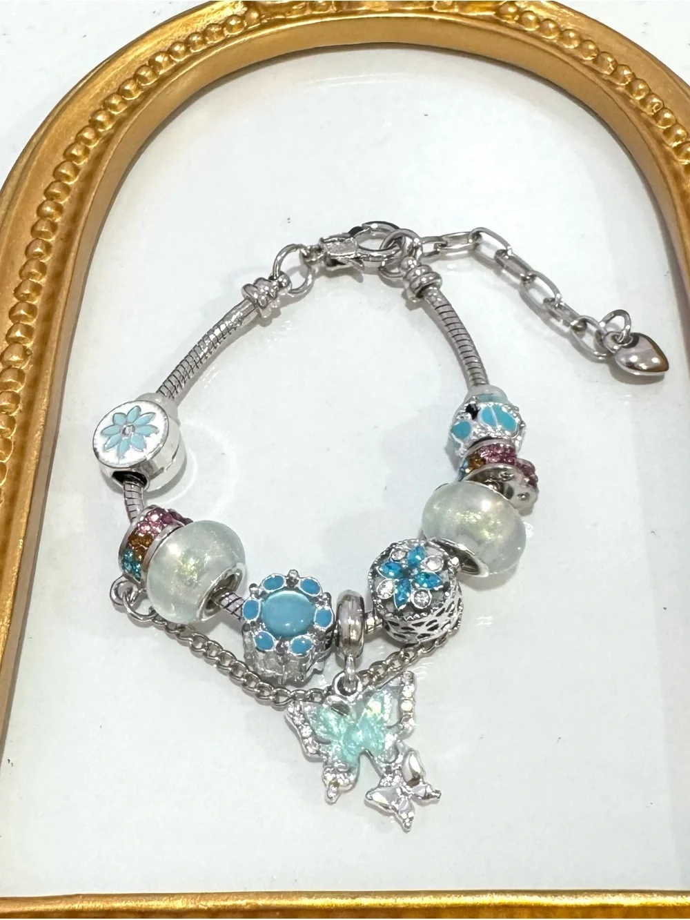 New Stainless Steel Charm Bracelet w/ Blue Charms 7 inches plus extender
